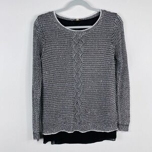 Milano Size Small Open Knit Button Back Layered Look Long Sleeve Top Black White